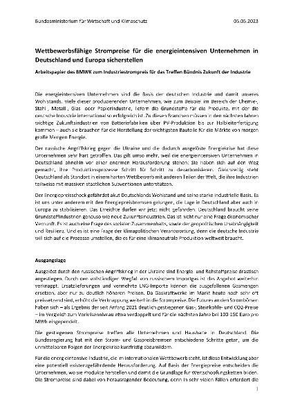 Wettbewerbsfähige Strompreise für die energieintensiven Unternehmen in Deutschland und Europa sicherstellen - Arbeitspapier des BMWK zum Industriestrompreis für das Treffen Bündnis Zukunft der Industrie
