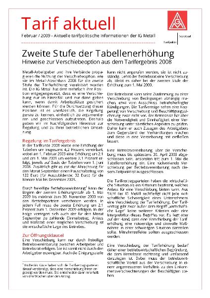 Zweite Stufe der Tabellenerhöhung, Hinweise zur Verschiebeoption aus dem Tarifergebnis 2008, Tarif aktuell Februar / 2009, FB Tarifpolitik