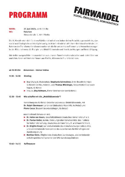 Einladung und Programm Transformationsforum der IG Metall 2023