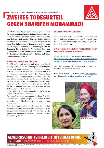 Zweites Todesurteil gegen Sharifeh Mohammadi, Gewerkschaftsfreiheit international Nr. 10