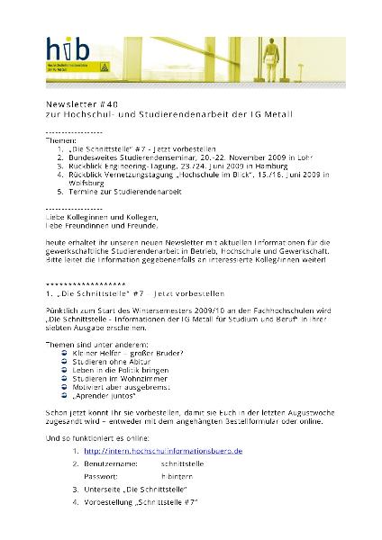 Newsletter Nr. 40 zur Hochschul- und Studierendenarbeit der IG Metall