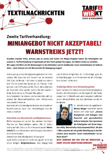 Zweite Tarifverhandlung: Miniangebot nicht akzeptabel! Warnstreiks jetzt! Textilnachrichten Nr. 3/2025