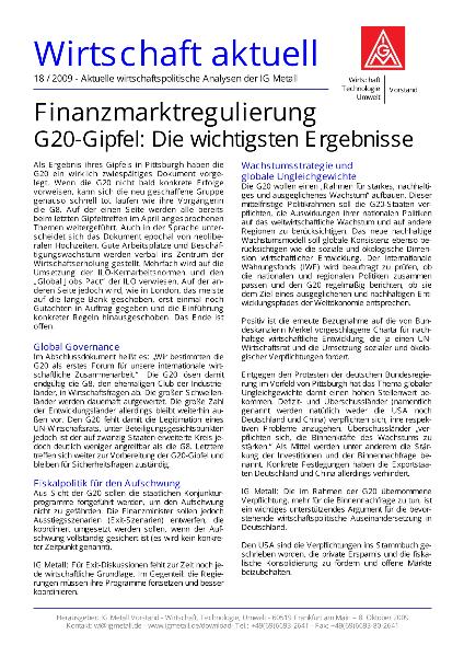 Wirtschaft aktuell 18/2009 Finanzmarktregulierung. G20-Gipfel: Die wichtigsten Ergebnisse. 08.10.2009