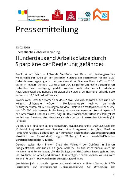 Energetische Gebäudesanierung - Hunderttausend Arbeitsplätze durch Sparpläne der Regierung gefährdet