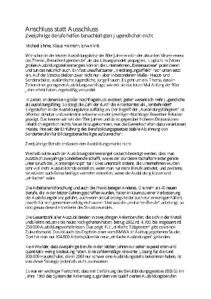 Anschluss statt Ausschluss! - Erwin Vitt: Zweijährige Berufe helfen benachteiligten Jugendlichen nicht!
