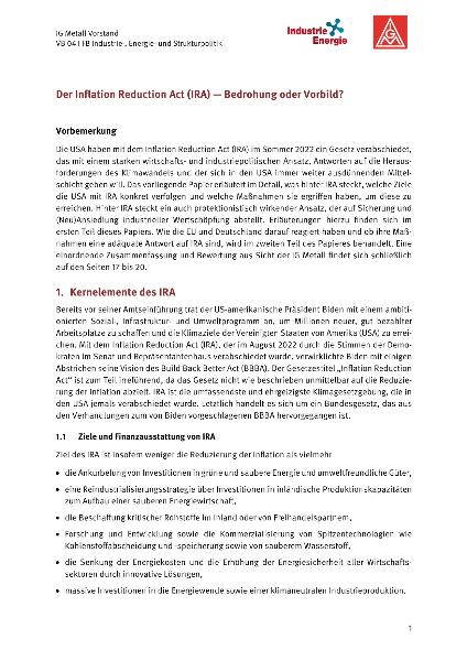 Der Inflation Reduction Act - industriepolitische Bedrohung oder Vorbild?