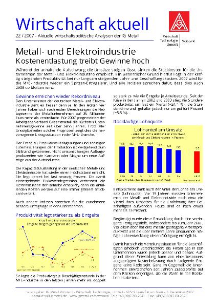 Wirtschaft aktuell 22/2007: Metall- und Elektroindustrie: Kostenentlastung treibt Gewinne hoch