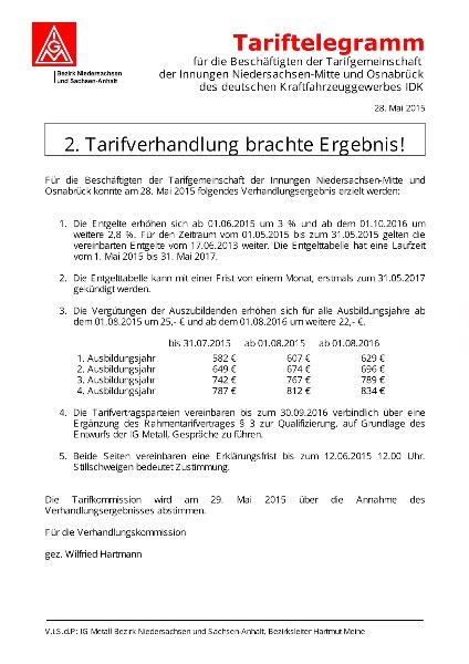 Tariftelegramm für die Beschäftigten der Tarifgemeinschaft der Innungen Niedersachsen-Mitte und Osnabrückdes deutschen Kraftfahrzeuggewerbes IDK