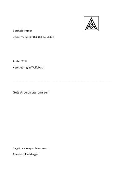 Berthold Huber: Rede zum 1. Mai 2008, Wolfsburg