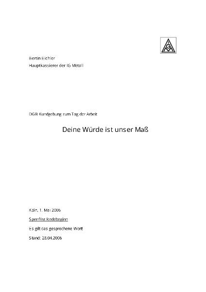 Eichler, Bertin: Rede auf der DGB-Kundgebung zum Tag der Arbeit am 01. Mai 2006 in Köln