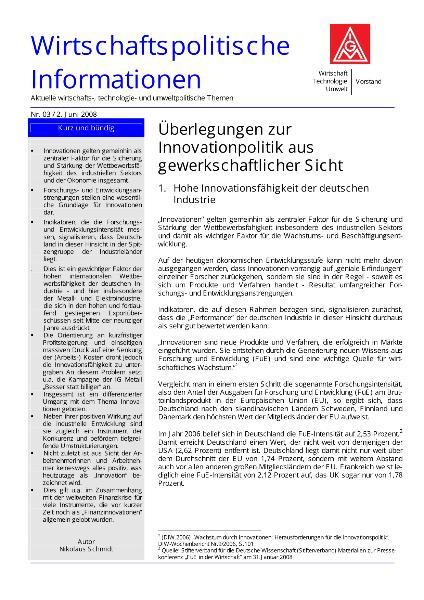 Wirtschaftspolitische Informationen 03 / 2008 - Überlegungen zur Innovationpolitik aus gewerkschaftlicher Sicht