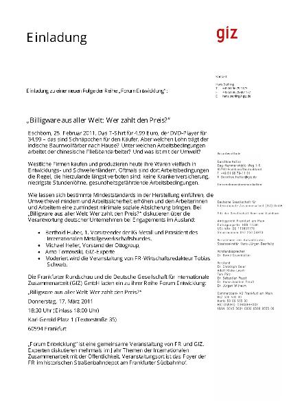 Forum Entwicklung, Einladung zur Veranstaltung: Billigware aus aller Welt: Wer zahlt den Preis am 17. März 2011