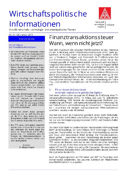Wirtschaftspolitische Informationen 01/2010 - Finanztransaktionssteuer: Wann, wenn nicht jetzt?