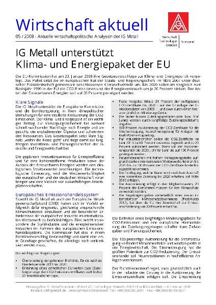 Wirtschaft aktuell 05/2008: IG Metall unterstützt Klima- und Energiepaket der EU