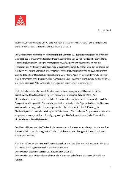 Gemeinsame Erklärung der Arbeitnehmervertreter im Aufsichtsrat der Siemens AG zur Siemens-Aufsichtsratssitzung am 31. Juli 2013