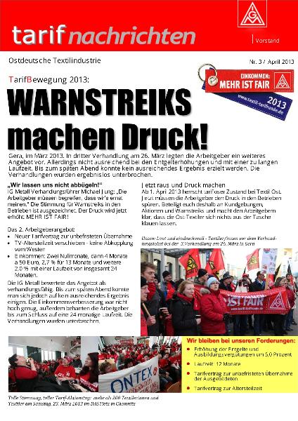 TarifBewegung 2013: Warnstreiks machen Druck!, Tarifnachrichten Ostdeutsche Textilindustrie Nr. 3/ April 2013