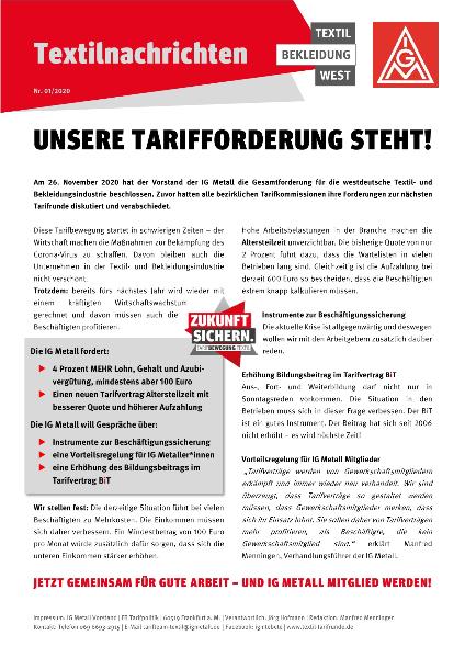 Unsere Tarifforderung steht, Textilnachrichten Textil Bekleidung West 01/2020