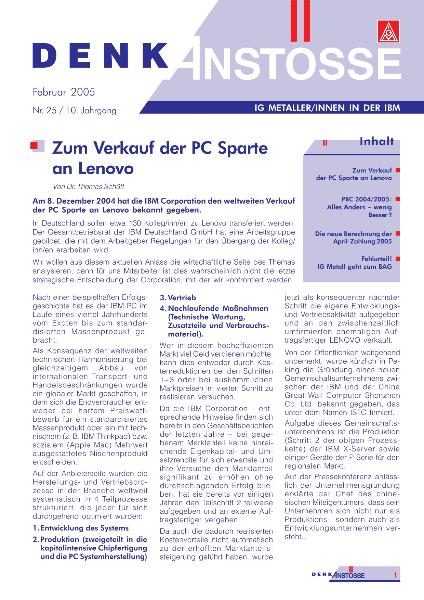 Betriebszeitung IBM Denkanstoesse Ausgabe Februar 2005, Zum Verkauf der PC Sparte an Lenovo