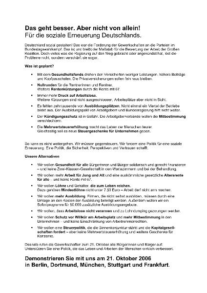 DGB: Aufruf zu den Kundgebungen am 21. Oktober 2006