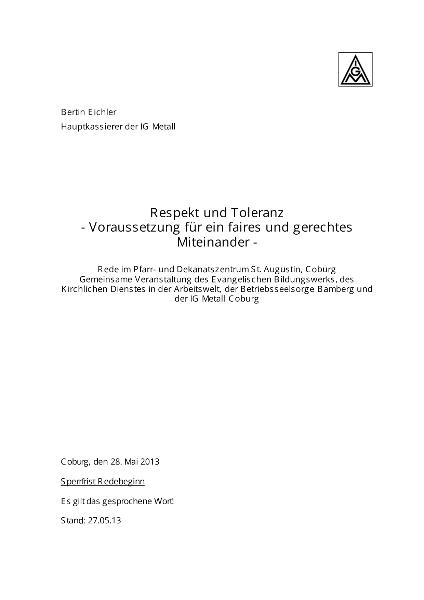 Bertin Eichler: Respekt und Toleranz - Voraussetzung für ein faires und gerechtes Miteinander, Rede im Pfarr- und Dekanatszentrum St. Augustin, Coburg., 28. Mai 2013
