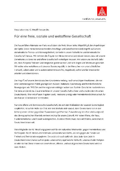 Für eine freie, soziale und weltoffene Gesellschaft, Resolution des IG Metall-Vorstands