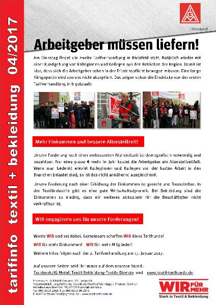 Arbeitgeber müssen liefern!, Tarifinfo Textil + Bekleidung 04/2017