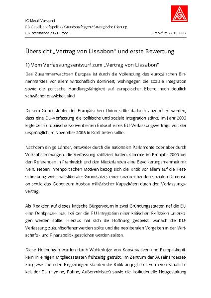 Übersicht ''Vertrag von Lissabon'' und erste Bewertung