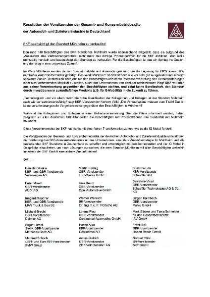 Resolution der GBR und KBR der Auto- und Zulieferindustrie gegen den Verkauf von SKF Mühlheim