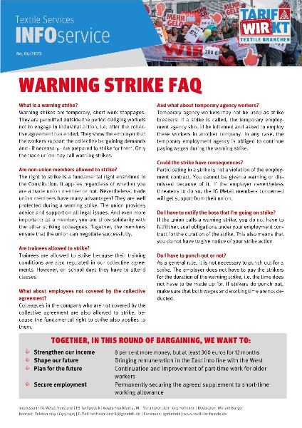 Warnstreik-FAQ, Infoservice Textile Dienste Nr. 4/2023, englisch