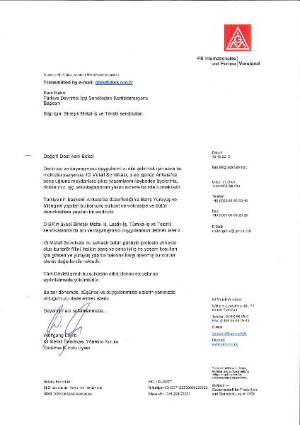 Kondolenzschreiben der IG Metall an Kani Beko, Präsident der türkischen Gewerkschaftskonföderation DISK, anläßlich des Bombenanschlags am 10. Oktober 2015 in Ankara (türkische Version)