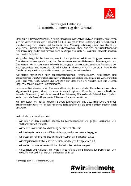 Hamburger Erklärung, 3. Betriebsrätinnen-Tag der IG Metall