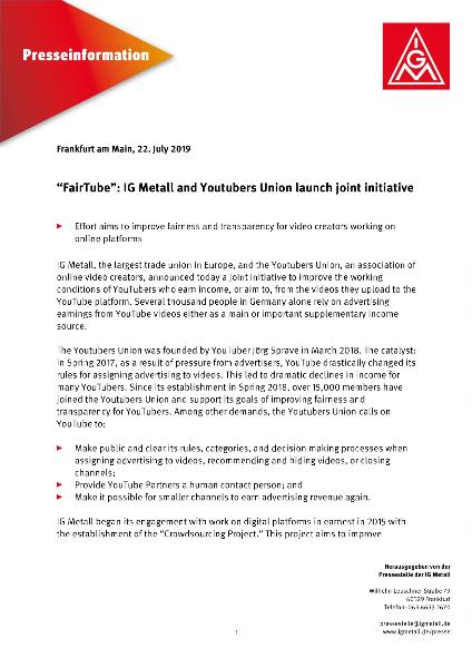 “FairTube”: IG Metall and Youtubers Union launch joint initiative