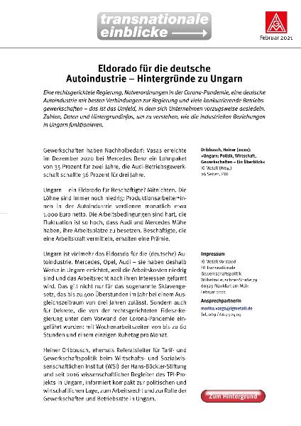 Dr. Heiner Dribbusch: Ungarn: Politik, Wirtschaft, Gewerkschaften - Ein Überblick | Eldorado für die deutsche Autoindustrie - Hintergründe zu Ungarn