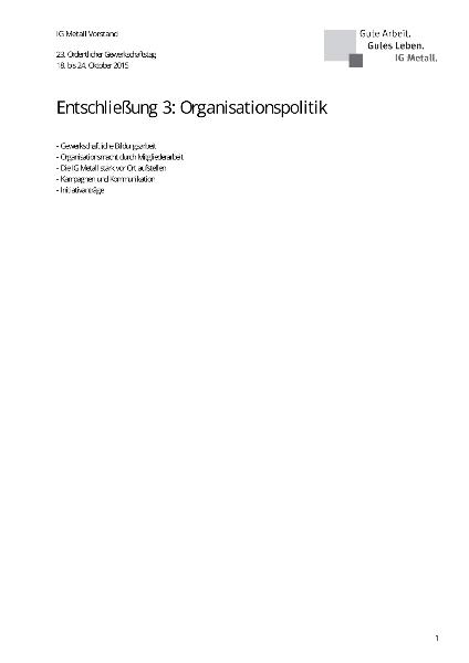 23. Ordentlicher Gewerkschaftstag, 18. bis 24. Oktober 2015, Entschließung 3: Organisationspolitik