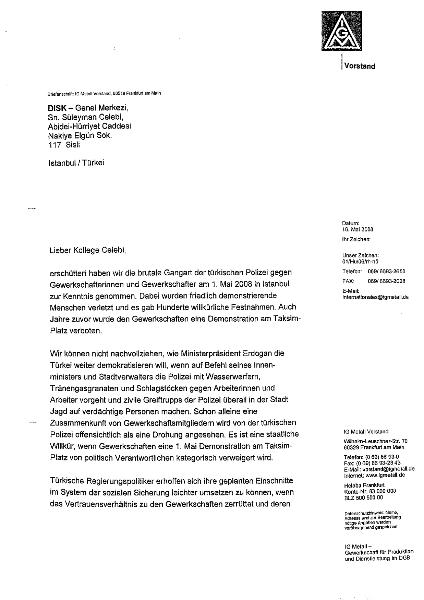 Brief von Berthold Huber und Wolfgang Rhode wegen der Vorfälle in Istanbul; Solidaritätsadresse