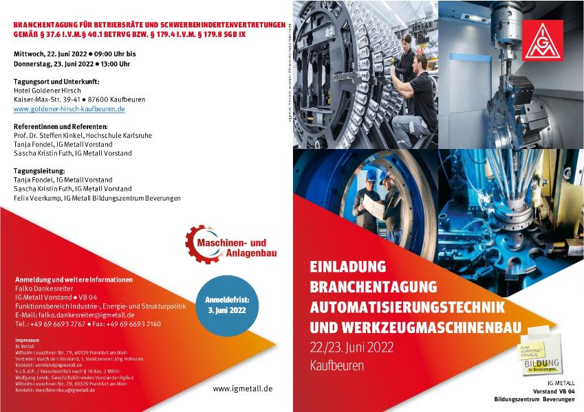 Einladung Branchentagung Automatisierungstechnik und Werkzeugmaschinenbau - 22./23. Juni 2022 Kaufbeuren