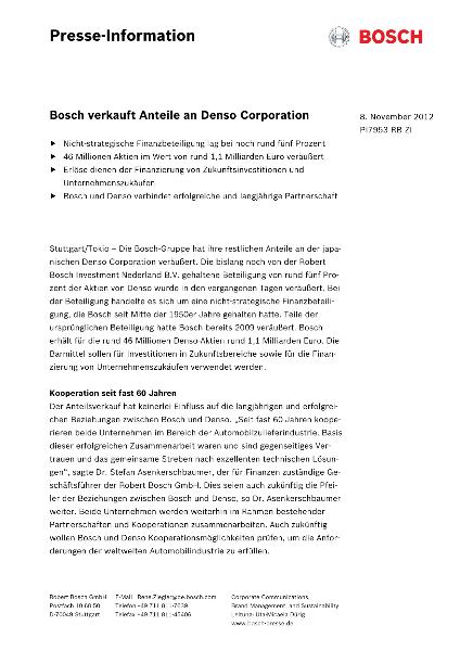 Bosch verkauft Anteile an Denso Corporation.
