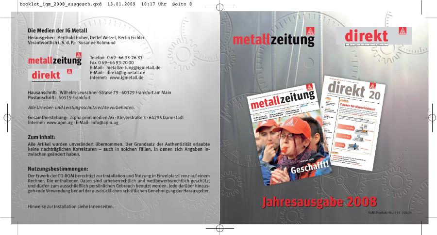 CD-Booklet zur Jahresausgabe 2008 der metallzeitung / direkt