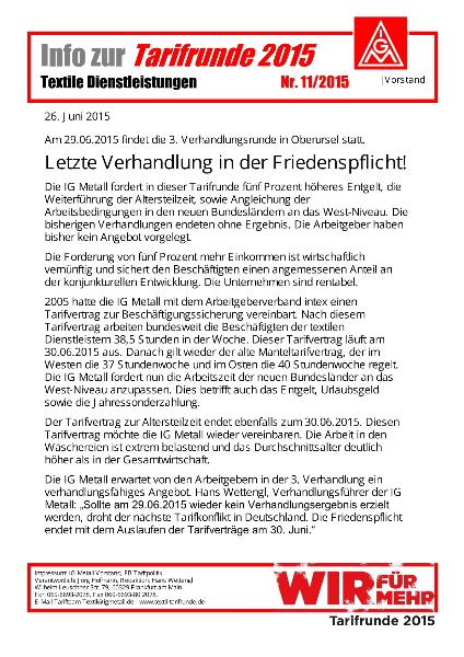 Letzte Verhandlung in der Friedenspflicht, Info zur Tarifrunde 2015 Textile Dienstleistungen Nr. 11/2015