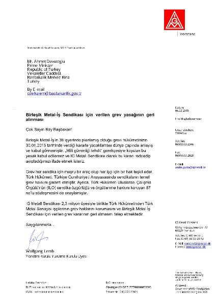 2015 2 6 Brief an den türkischen Premierminister türkisch