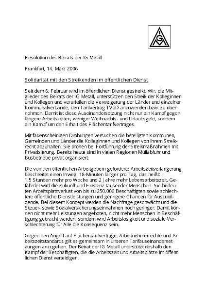 Resolution des IG Metall-Beirats: Solidarität mit den Streikenden von ver.di, März 2006