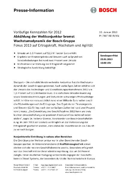 Vorläufige Kennzahlen für 2012: Abkühlung der Weltkonjunktur bremst Wachstumsdynamik der Bosch-Gruppe. Fokus 2013 auf Ertragskraft, Wachstum und Agilität.