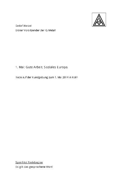 Detlef Wetzel: Gute Arbeit. Soziales Europa, Rede auf der Kundgebung zum 1. Mai 2014 in Köln