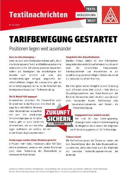 Tarifbewegung gestartet, Textilnachrichten Textil Bekleidung West 02/2020
