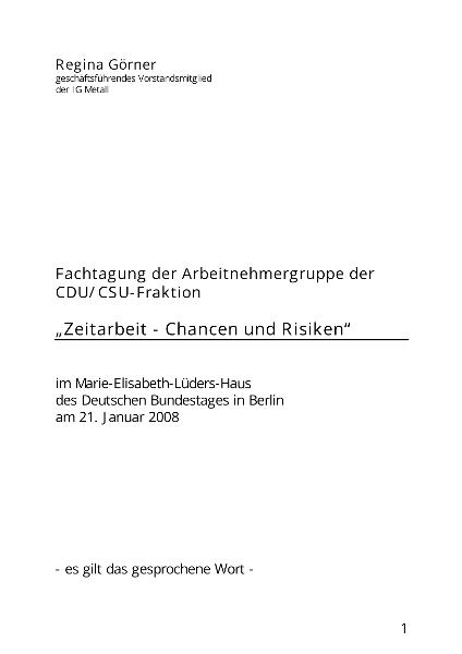 Regina Görner: Fachtagung der Arbeitnehmergruppe der CDU/CSU-Fraktion: ''Zeitarbeit - Chancen und Risiken''