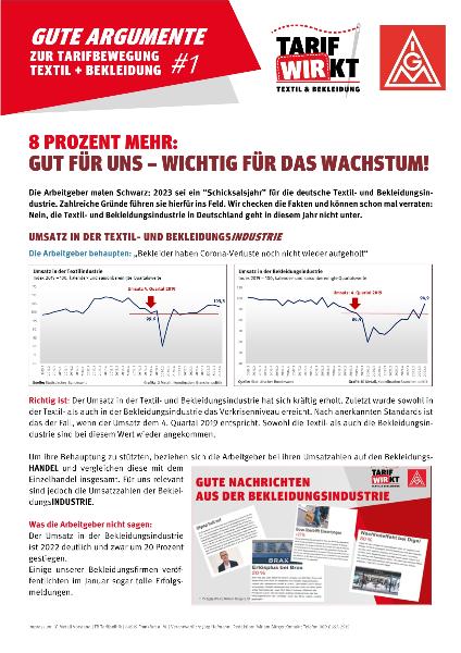 8 Prozent mehr: Gut für uns - wichtig für das Wachstum!, Gute Argumente zur Tarifbewegung Textil + Bekleidung Nr. 1