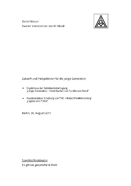 Detlef Wetzel: Zukunft und Perspektiven für die junge Generation, 30.8.2011 in Berlin