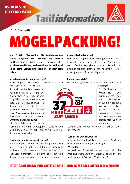 Mogelpackung!, Tarifinformation Ostdeutsche Textilindustrie 03/2019