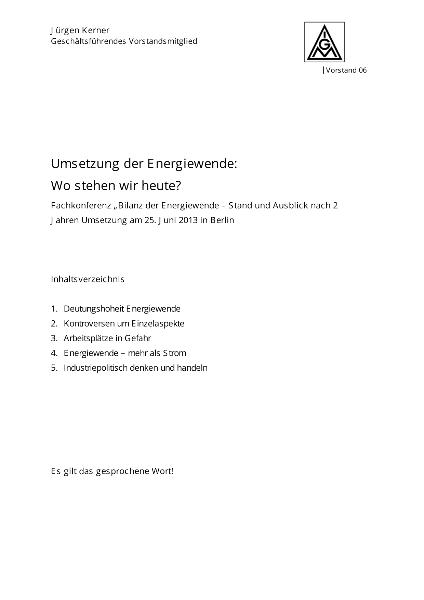 Jürgen Kerner: Umsetzung der Energiewende: Wo stehen wir heute?, Fachkonferenz „Bilanz der Energiewende – Stand und Ausblick nach 2 Jahren Umsetzung, 25. Juni 2013, Berlin