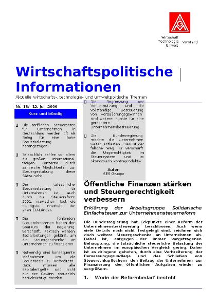 Wirtschaftspolitische Information 13/2006 - Öffentliche Finanzen und Steuergerechtigkeit